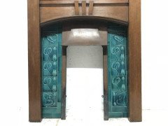Arts & Crafts Oak Fireplace with Original Turquoise Floral Tiles and Copper Hood - Thumbnail 7