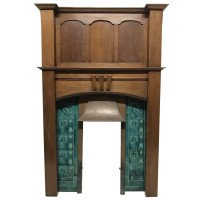 Arts & Crafts Oak Fireplace with Original Turquoise Floral Tiles and Copper Hood - Thumbnail 8