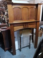 Arts & Crafts Oak Fireplace with Original Turquoise Floral Tiles and Copper Hood - Thumbnail 13
