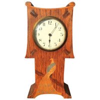 Guild of Handicraft Attri, Arts & Crafts Oak Mantel Clock with Inlaid Peacock - Thumbnail 4