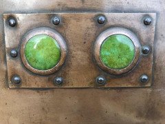 Arts & Crafts Copper Fireplace Inset with Green Ruskin Jewels and Two Hearts - Thumbnail 2