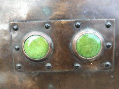 Arts & Crafts Copper Fireplace Inset with Green Ruskin Jewels and Two Hearts - Thumbnail 3