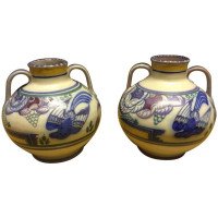 Poole Pottery, a Pair of Vases with Prancing Deer & Colorful Floral Backgrounds - Thumbnail 10