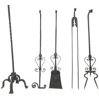 Set of Four Arts & Crafts Hand-Forged Iron Fire Utensils on a Matching Stand - Thumbnail 1