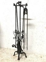 Set of Four Arts & Crafts Hand-Forged Iron Fire Utensils on a Matching Stand - Thumbnail 2