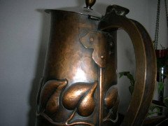 Arts & Crafts Copper Jug with Stylised Repousse Leaf Details - Thumbnail 1