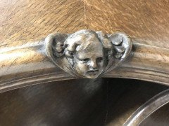 John Ednie Arts & Crafts Glasgow Oak over Mantle, Carved Cherubs and Stain Glass - Thumbnail 7
