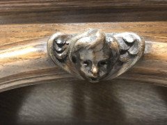 John Ednie Arts & Crafts Glasgow Oak over Mantle, Carved Cherubs and Stain Glass - Thumbnail 8