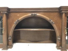 John Ednie Arts & Crafts Glasgow Oak over Mantle, Carved Cherubs and Stain Glass - Thumbnail 4