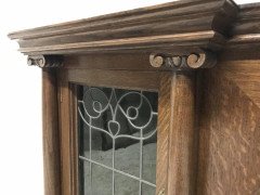 John Ednie Arts & Crafts Glasgow Oak over Mantle, Carved Cherubs and Stain Glass - Thumbnail 9