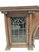 John Ednie Arts & Crafts Glasgow Oak over Mantle, Carved Cherubs and Stain Glass - Thumbnail 3