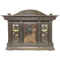 Arts & Crafts Overmantle with Gesso & Painted Peacock beside a Sunset & Sunrise - Thumbnail 1