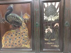 Arts & Crafts Overmantle with Gesso & Painted Peacock beside a Sunset & Sunrise - Thumbnail 9