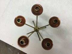 W A S Benson, signed, An Arts & Crafts Brass and Copper Five Branch Candelabra - Thumbnail 3