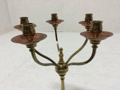 W A S Benson, signed, An Arts & Crafts Brass and Copper Five Branch Candelabra - Thumbnail 8