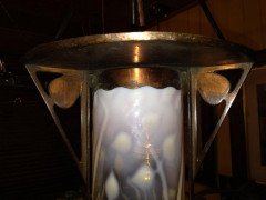 An Arts & Crafts Copper Lantern with Original Vaseline/ Uranium Cranberry Shade - Thumbnail 2