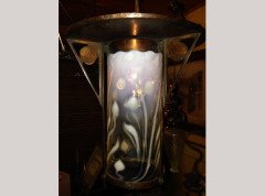 An Arts & Crafts Copper Lantern with Original Vaseline/ Uranium Cranberry Shade - Thumbnail 3