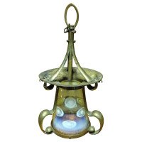Arts & Crafts Vaseline/Uranium Glass Lantern the Shade With Pearl Like Details. - Thumbnail 1