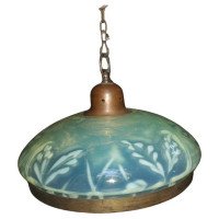 Large English Arts & Crafts Vaseline Ceiling Light with Brass Rim & Brass Hanger - Thumbnail 2