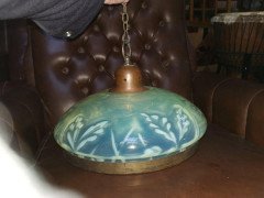 Large English Arts & Crafts Vaseline Ceiling Light with Brass Rim & Brass Hanger - Thumbnail 5