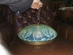 Large English Arts & Crafts Vaseline Ceiling Light with Brass Rim & Brass Hanger - Thumbnail 7