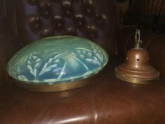 Large English Arts & Crafts Vaseline Ceiling Light with Brass Rim & Brass Hanger - Thumbnail 11