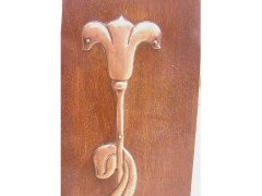 An Arts & Crafts Shaped Oak Bevelled Mirror with Stylised Floral Copper Details - Thumbnail 6
