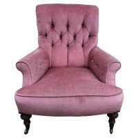 Gillows, English Victorian Pink Upholstered Button Back Fireside Armchair - Thumbnail 1