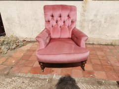 Gillows, English Victorian Pink Upholstered Button Back Fireside Armchair - Thumbnail 2