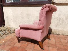 Gillows, English Victorian Pink Upholstered Button Back Fireside Armchair - Thumbnail 6