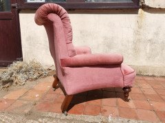Gillows, English Victorian Pink Upholstered Button Back Fireside Armchair - Thumbnail 7