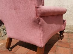 Gillows, English Victorian Pink Upholstered Button Back Fireside Armchair - Thumbnail 8