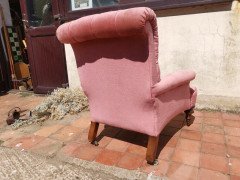 Gillows, English Victorian Pink Upholstered Button Back Fireside Armchair - Thumbnail 9