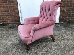 Gillows, English Victorian Pink Upholstered Button Back Fireside Armchair - Thumbnail 10
