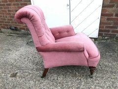 Gillows, English Victorian Pink Upholstered Button Back Fireside Armchair - Thumbnail 12