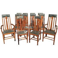 Set of Twelve Arts & Crafts Glasgow School Oak Dining Chairs with Tulip Details - Thumbnail 1