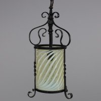 Arts & Crafts Iron Lantern with Original Swirling Vaseline/Uranium Glass shade. - Thumbnail 1