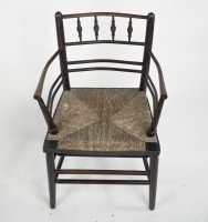 William Morris, an Arts and Crafts Ebonised Rush Seat Sussex Armchair - Thumbnail 2