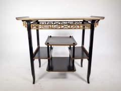 Heals. An Anglo-Japanese Ebonised Side Table with Gilt Fretwork & Flaring Ends - Thumbnail 2