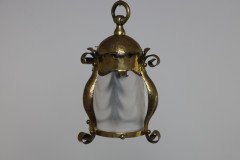 An Arts and Crafts Hammered Brass Lantern with Opaque Ribbed Glass Liner - Thumbnail 2