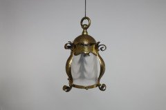 An Arts and Crafts Hammered Brass Lantern with Opaque Ribbed Glass Liner - Thumbnail 3