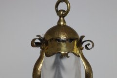 An Arts and Crafts Hammered Brass Lantern with Opaque Ribbed Glass Liner - Thumbnail 7