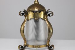 An Arts and Crafts Hammered Brass Lantern with Opaque Ribbed Glass Liner - Thumbnail 10