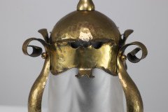 An Arts and Crafts Hammered Brass Lantern with Opaque Ribbed Glass Liner - Thumbnail 8