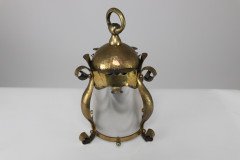 An Arts and Crafts Hammered Brass Lantern with Opaque Ribbed Glass Liner - Thumbnail 11
