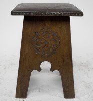 Liberty & Co. an Arts & Crafts Moorish Oak Stool with Embossed Leather Seat - Thumbnail 2