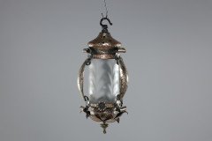 An Arts & Crafts Silver Plated on Copper Lantern with Opaque Ribbed Glass Liner - Thumbnail 2