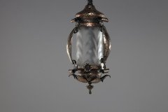 An Arts & Crafts Silver Plated on Copper Lantern with Opaque Ribbed Glass Liner - Thumbnail 3