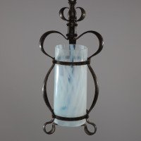 An Arts & Crafts Wrought Iron Lantern with Uranium/Vaseline Slag Glass Shade - Thumbnail 1