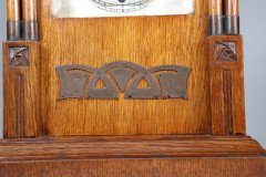 A Continental Arts & Crafts Oak Mantle Clock with Carved Stylised Glasgow Roses - Thumbnail 17